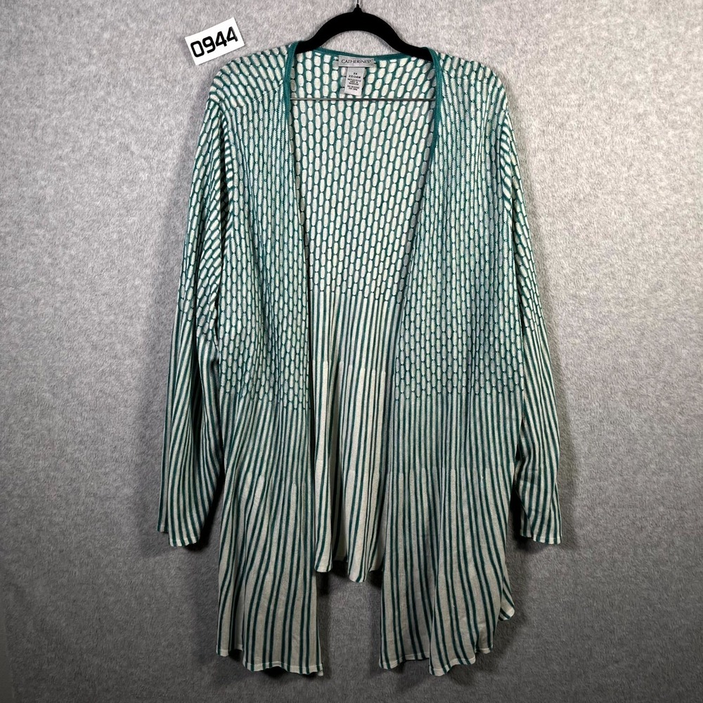 Catherines Cardigan Sweater Womens 2X Green White Geometric Open Front